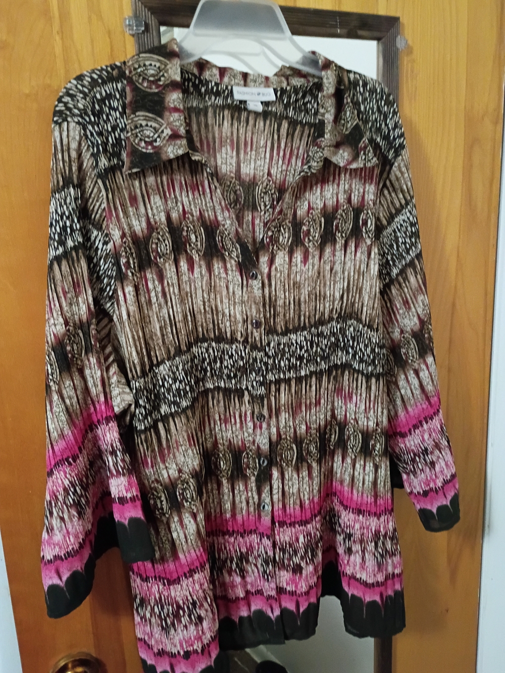 Fashion Bug Multicolor Printed Button-Down Tunic — Pink, Black & Brown